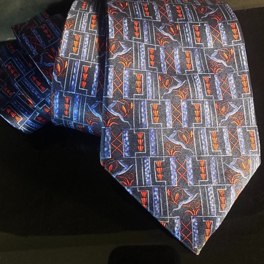Lanvin Mens Tie Blue Egyptian Art Deco Couture Silk Menswear Necktie Red Retro